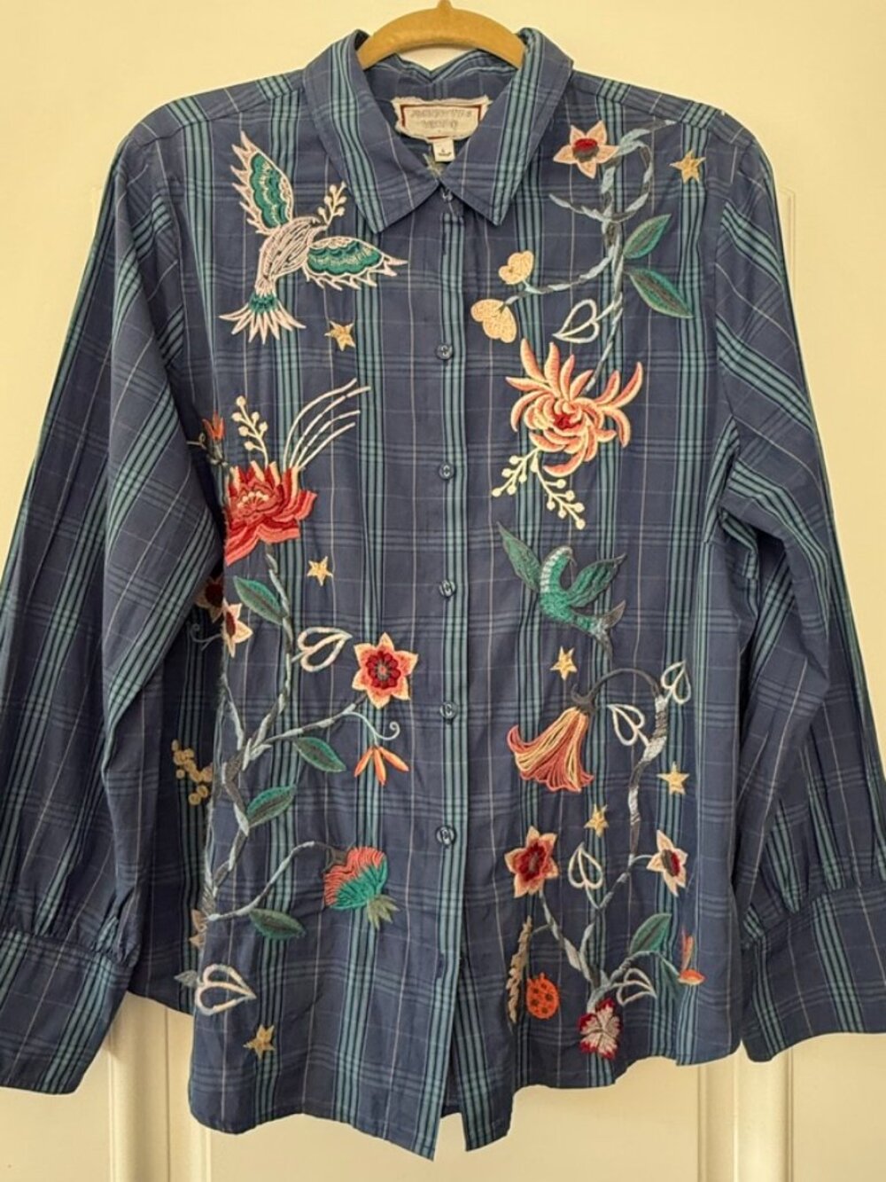 JOHNNY WAS WORKSHOP STRIPED GARDEN EMBROIDERED BLOUSE SIZE L